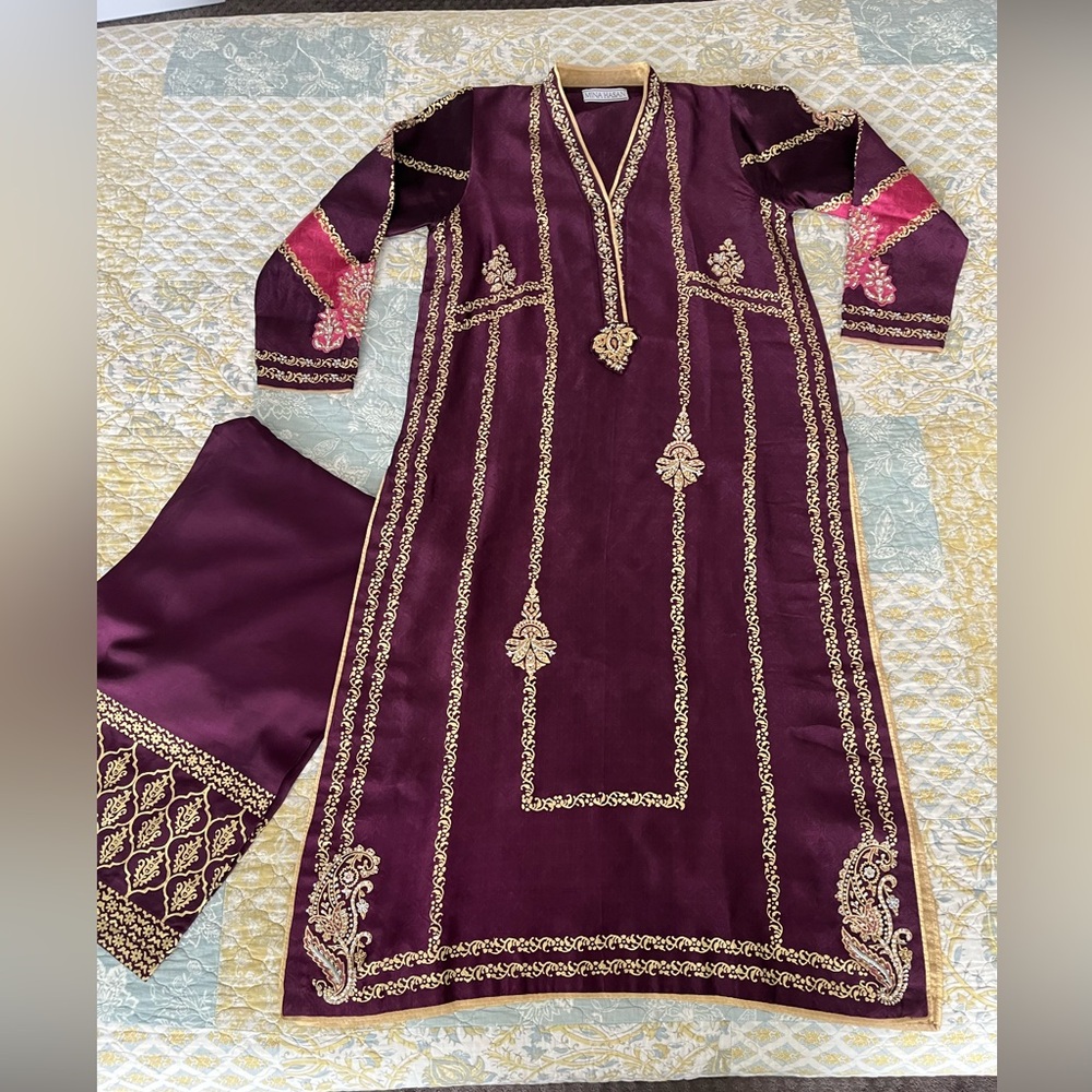 Elegant Deep Plum and Gold Block print, Embroidered Dress Set